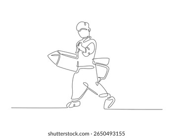 Boy holding rocket spaceship in single outline illustration. Continuous line art drawing of kid playing rocket.
