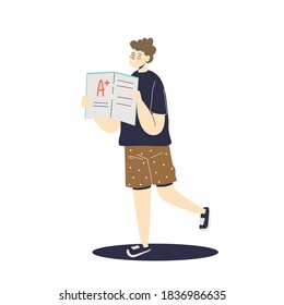 Boy holding school test work with A high assessment mark. Cartoon schoolboy getting good result in exam. Students and pupils grade concept. Vector illustration
