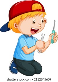 A boy holding a screwdriver on white background illustration