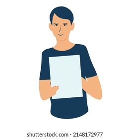 Der Junge hält ein Blatt mit einer Aufgabenliste in den Händen. Vektorgrafik. Einzeln auf weißem Hintergrund.