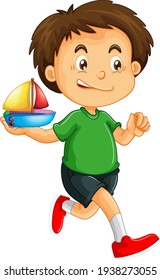 A boy holding a ship toy cartoon character isolated on white background illustration