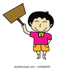 The boy holding a sign.