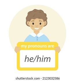 Boy holding sign with gender pronoun. He him pronouns. Isolated on white background.