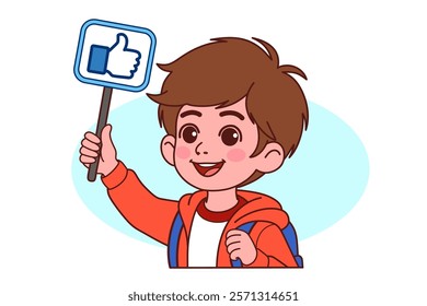 The boy is holding up a sign with a like symbol. Cartoon People Vector Illustration.