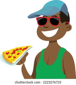 Un niño sostiene una rebanada de pizza. Ilustración del vector