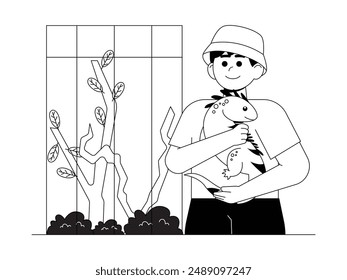 Boy holding a small iguana that he took out of the cage, kid and pet vector illustration.