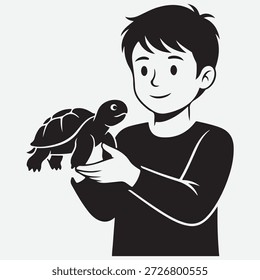 Boy holding a small turtle in his hands with a smile child tortoise