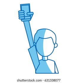 boy holding smartphone in hand blue line