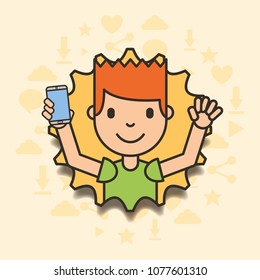 boy holding smartphone with torn paper edges