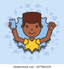 boy holding smartphone with torn paper edges