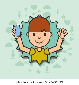 boy holding smartphone with torn paper edges