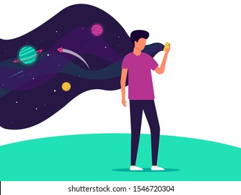 Niño sosteniendo un smartphone en qué espacio. Concepto de negocio de desarrollo web. El usuario utiliza una nueva aplicación. Ilustración vectorial plana.