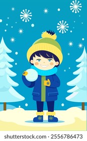 boy holding a snowball in his hand against the background of snow-covered fir trees and snowfall