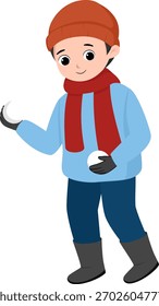 Niño sosteniendo bolas de nieve en invierno. Lindos niños jugando al aire libre con ropa de abrigo. Divertida ilustración de temporada para Navidades y diseños de vacaciones.