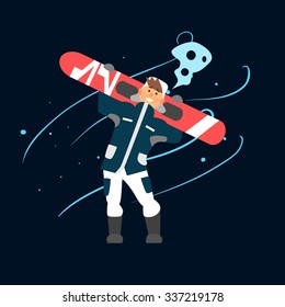 Boy Holding Snowboard. Vector Illustration in Flat Design