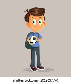 Boy Holding a Soccer Ball Going to School Vector Illustration. Young kid enjoying football sports game holding a ball 
