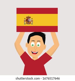 Junge hält eine Spain-Fahne. Vektorillustration.