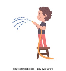 Boy Holding Spray Water Hose, Taking Care about Ecology, Conservation of Planet Resources, Environmental Protection Concept Cartoon Vector Illustration