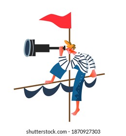 Boy holding spyglass, sitting on mast. Sailing ship with red flag, young sailor looking in spyglaass on white background. Adventure and marine navigation vector illustration.