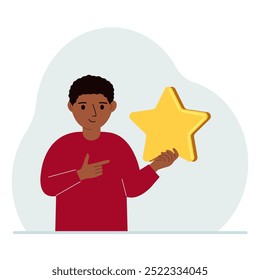 The boy is holding a star. Service rating or positive user rating. Consumer review of the product. Feedback. Vector illustration in flat style