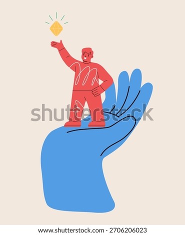 Boy holding star standing on parents big hand. Colorful vector illustration
