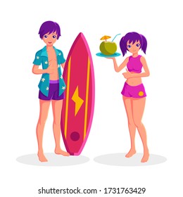 Boy holding surfboard and girl holding coconut cocktail summer vacation