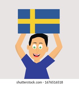 boy is holding sweden flag. vector illustration.