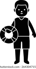 Boy holding swimming ring  silhouette vector isolated.
Summer beach boy silhouette design.
Transparent background. 