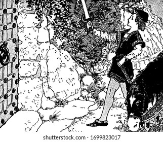A boy holding sword and horse standing near him, vintage line drawing or engraving illustration