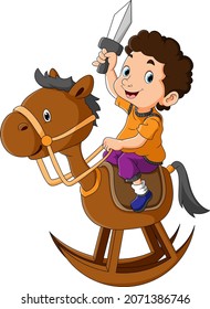 The boy is holding a sword and playing the horse toy of illustration