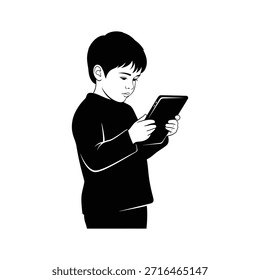 Niño sosteniendo el Vector de la silueta de la tableta. Tecnología y símbolo de uso de dispositivo digital. Niño con pantalla, comunicación moderna y concepto de entretenimiento.