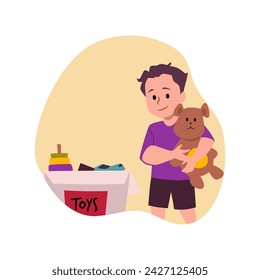 Boy holding a teddy bear in hands. Cute kid pick up toys and collects in the box. Cartoon children cleaning duty. Vector illustration of responsibility isolated in yellow frame on white background