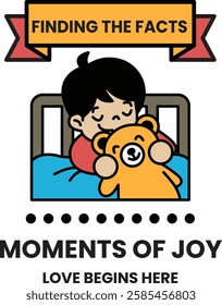 A boy is holding a teddy bear and sleeping in the style of sign illustrations