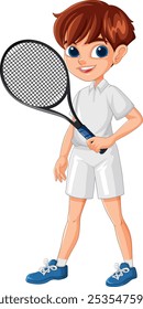 Niño que sostiene la raqueta de tenis, vestido en ropa deportiva
