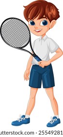 Boy holding tennis racket, dressed in sports attire