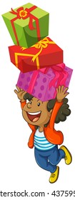 Boy holding three boxes of presents illustration