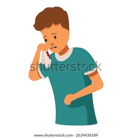 Boy holding tissue against nose to stop bleeding, suffering from epistaxis