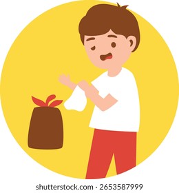 Garoto segurando um saco de lixo, simbolizando higiene, responsabilidade e hábito de limpeza diária na ilustração de vetor de estilo plano mínimo.