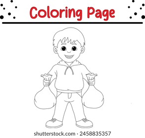  niño sosteniendo la basura de plástico para colorear página para niños y adultos