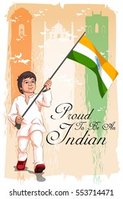 Boy holding tricolor Indian flag for Happy Republic Day of India. Vector illustration