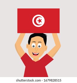boy is holding tunisia flag. vector illustration.