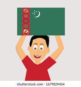 boy is holding turkmenistan flag. vector illustration.