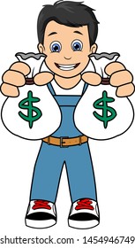 Boy holding two bags of money vector cartoon illustration