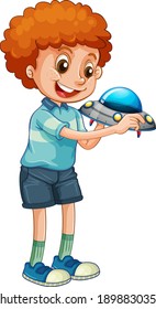 Boy holding ufo toys illustration