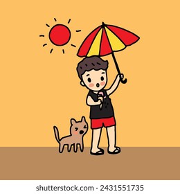 Boy holding umbrella and eating iced cream with dog, summer concept, Hand drawn style vector illustration.