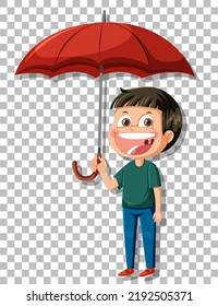 A boy holding umbrella laughing on grid background illustration