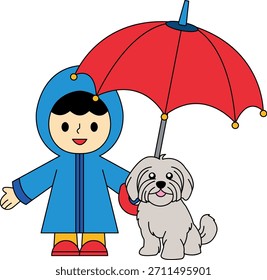 A boy is holding an umbrella over a small dog