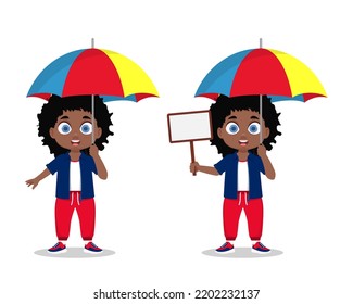 El chico sostiene un paraguas. Ilustración del vector