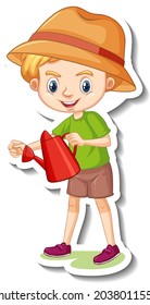 A boy holding watering can cartoon character sticker illustration