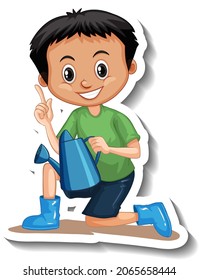 A boy holding watering can cartoon character sticker illustration